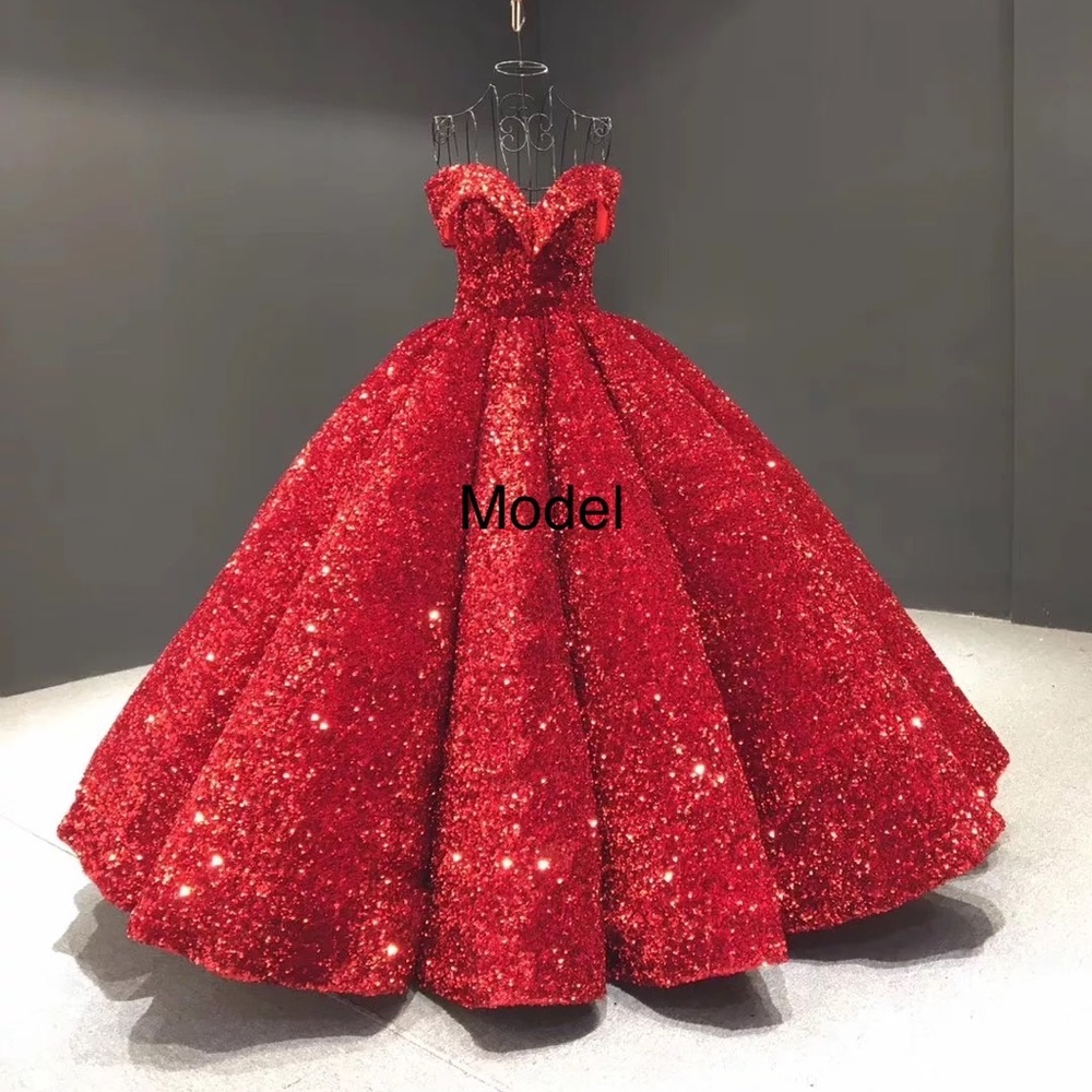 Quinceañera Red Sequined Ball Gowm Evening Dress